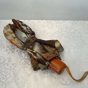 Folding Umbrella With Cat & Kitten Print Wooden Handle Compact For Travel‎